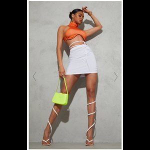 PLT WHITE COTTON RUCHED SIDE TIE WAIST MINI SKIRT